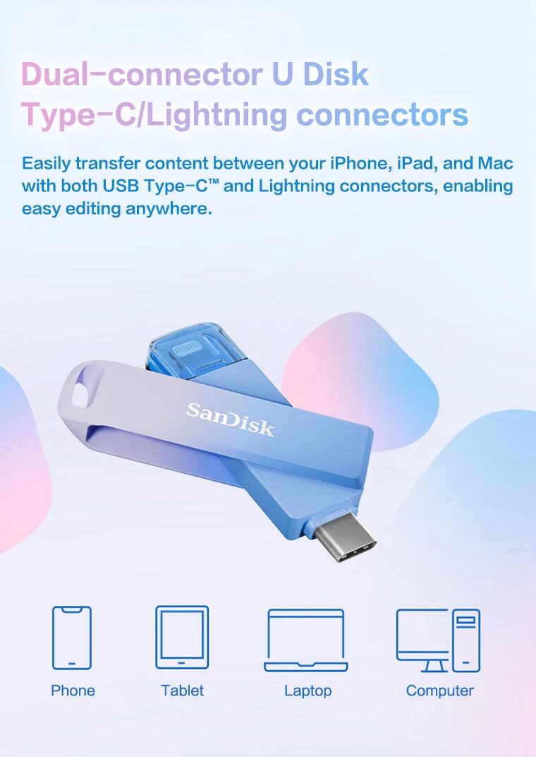 Memoria USB SanDisk azul con conectores Type-C y Lightning, junto a diversos dispositivos electrónicos.