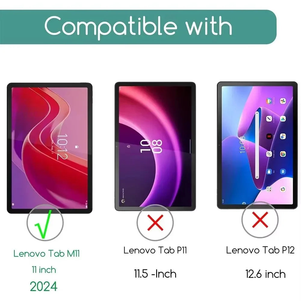 Compatibility chart showing a tempered glass screen protector is compatible with the Lenovo Tab M11 2024 but not the Lenovo T