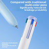 A white multi-color gel pen with a shock-absorbing button is shown against a blue background.