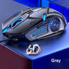Gray wired gaming mouse with blue RGB accents and a textured shell shown from above.