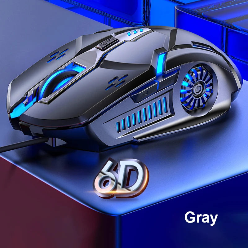 Gray wired gaming mouse with blue RGB accents and a textured shell shown from above.