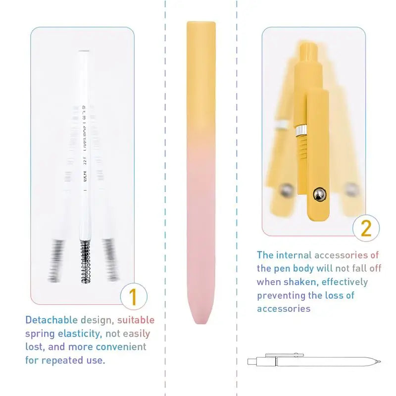 A yellow gel pen is shown with its internal accessories, demonstrating a detachable design for easy use.