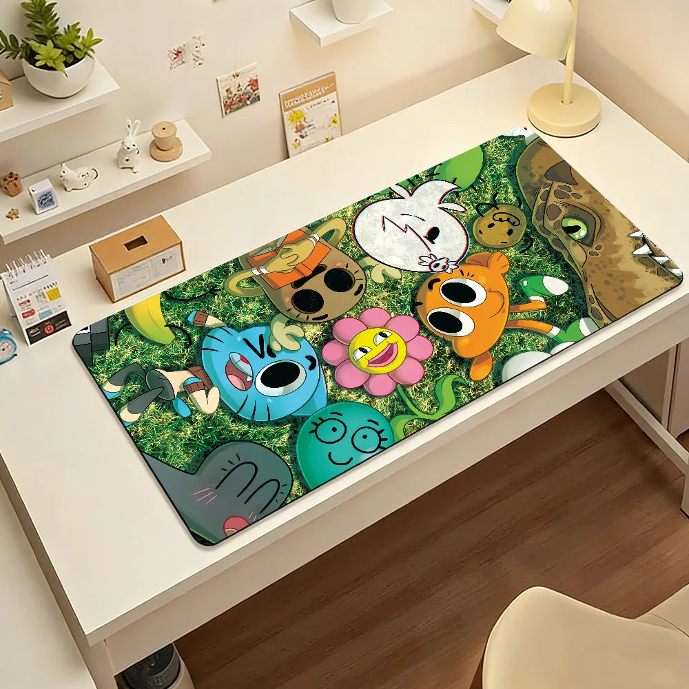 A green cartoon mouse pad featuring various animated characters like a white mouse, an orange mouse, and a blue mouse.