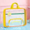 A yellow transparent mesh file bag with a handle and a clear window displaying a yellow charm.