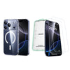 A set of clear magnetic cases for an iPhone, including a transparent case and a dark blue protective case.