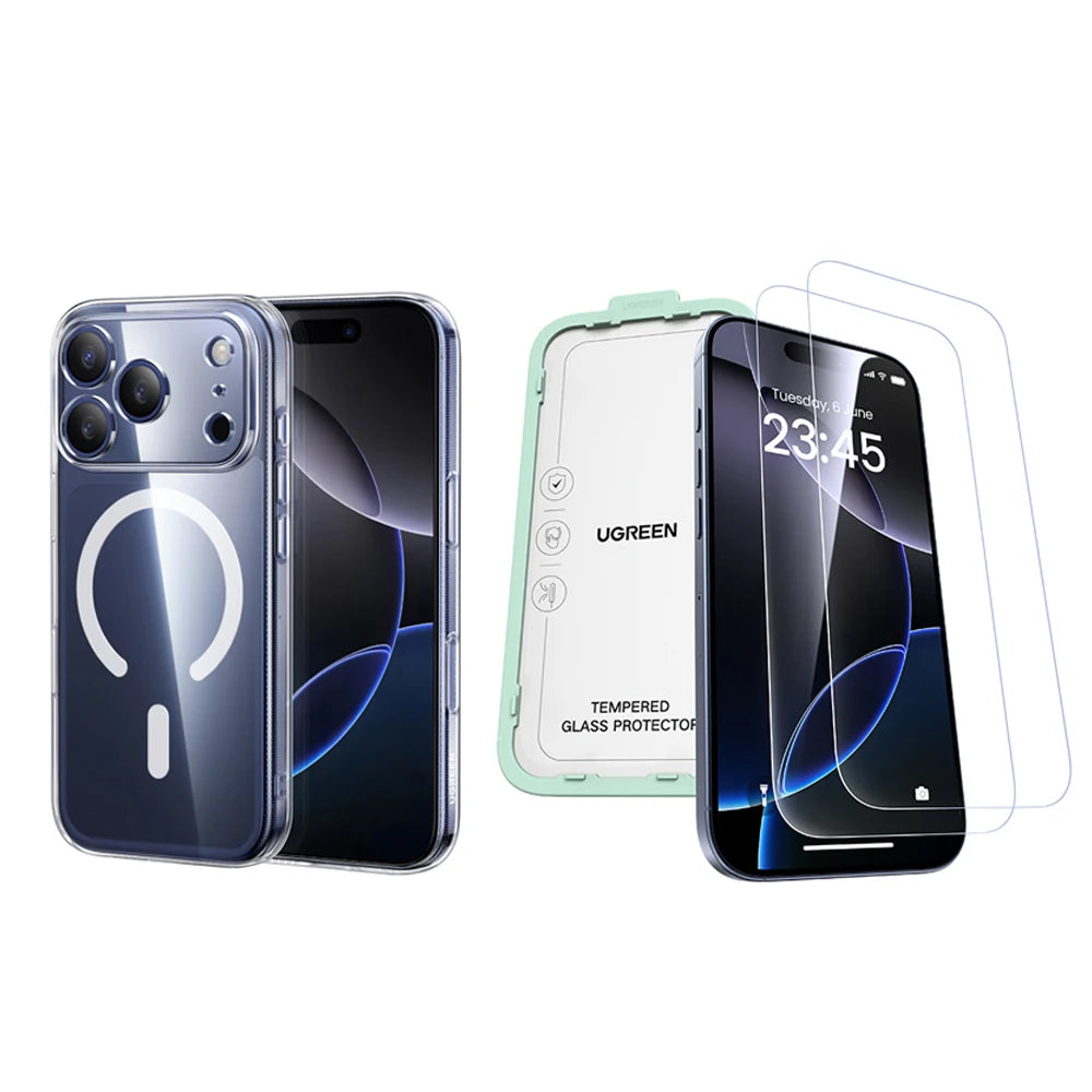 A set of clear magnetic cases for an iPhone, including a transparent case and a dark blue protective case.