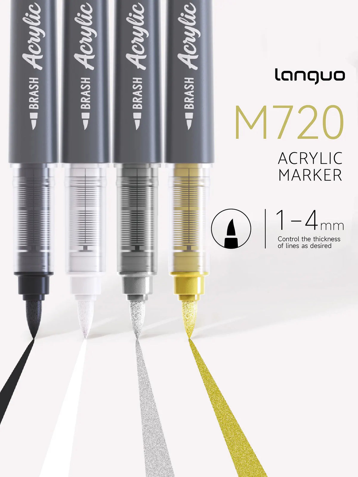 A set of Langqo M720 acrylic marker pens showing various line thicknesses and colors.