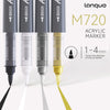 A set of Langqo M720 acrylic marker pens showing various line thicknesses and colors.