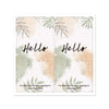A rectangular sticker design featuring the word Hello in elegant script surrounded by soft watercolor foliage and neutral ton