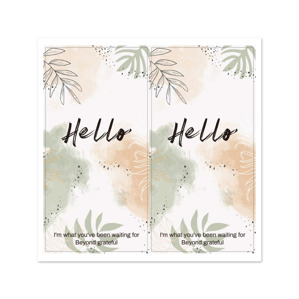 A rectangular sticker design featuring the word Hello in elegant script surrounded by soft watercolor foliage and neutral ton