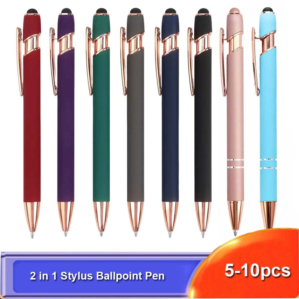 A collection of 10 retractable stylus and ballpoint pens in various colors including red, purple, green, gray, black, pink, a