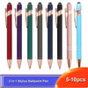 A collection of 10 retractable stylus and ballpoint pens in various colors including red, purple, green, gray, black, pink, a
