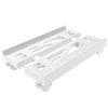 A white adjustable PC tower stand designed to hold a computer with caster wheels.