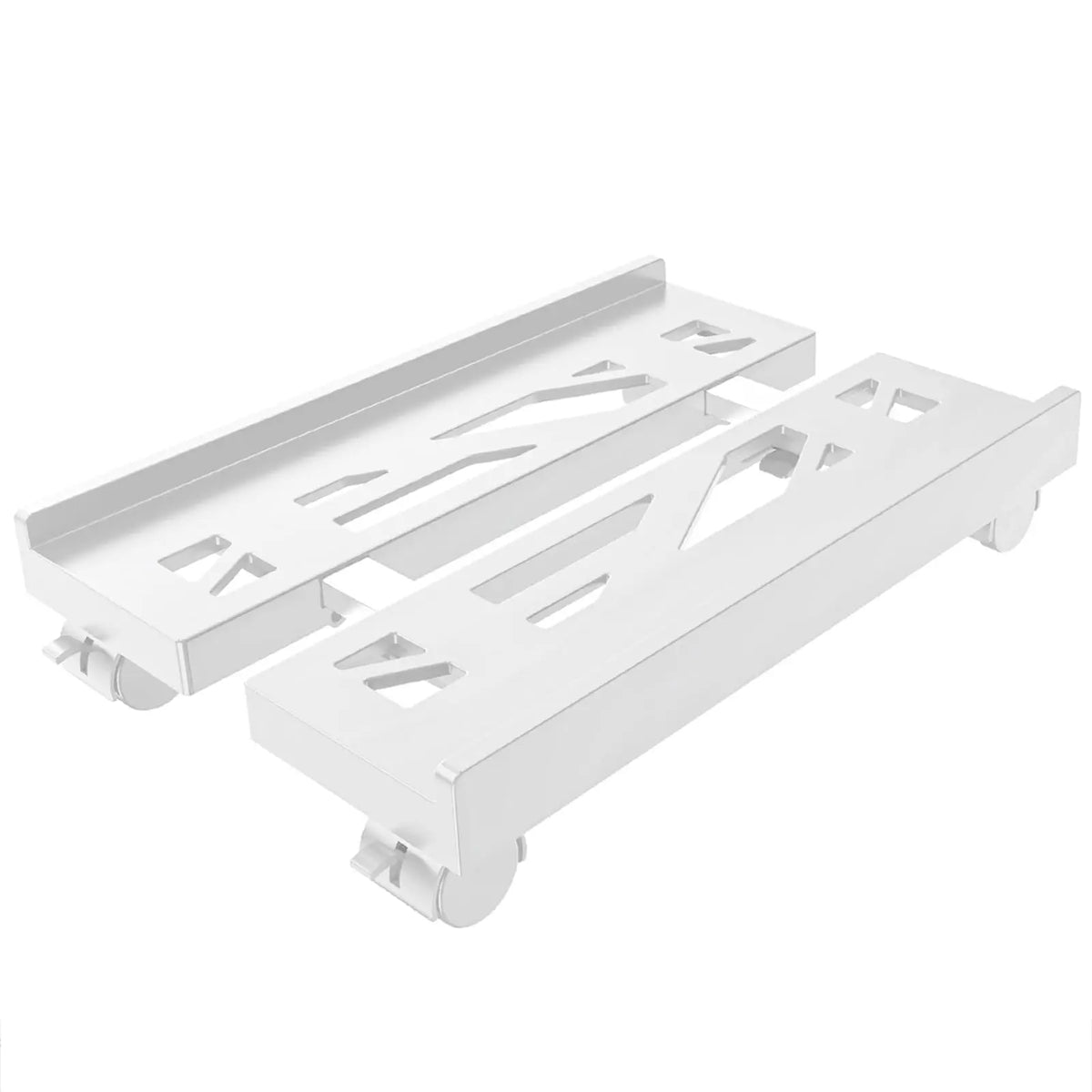 A white adjustable PC tower stand designed to hold a computer with caster wheels.