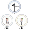 A circular LED ring light with a tripod stand, shown in various angles for streaming and photography.
