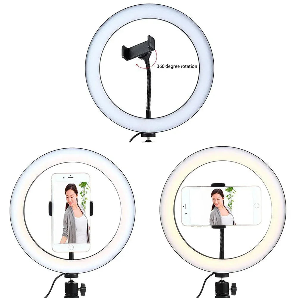 A circular LED ring light with a tripod stand, shown in various angles for streaming and photography.