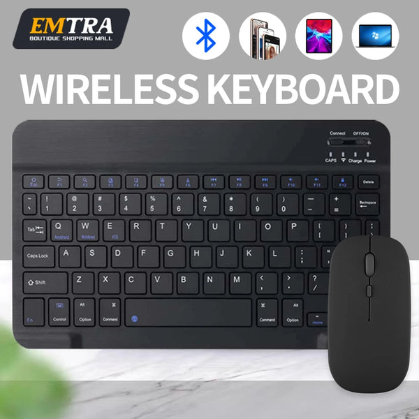 Combinación de teclado y mouse inalámbricos negros con iconos de conectividad Bluetooth sobre una superficie blanca.