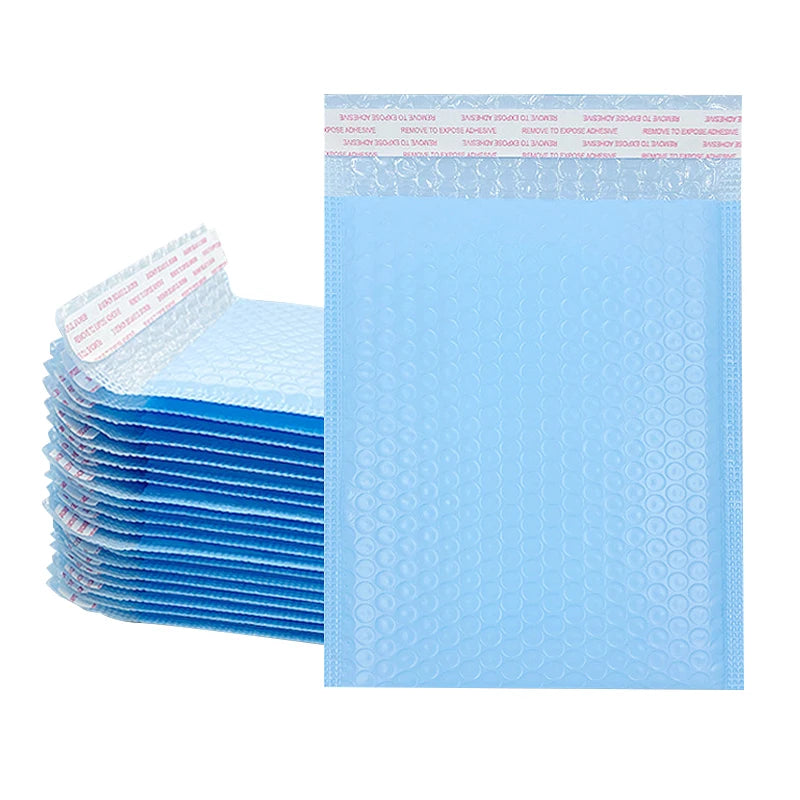 A stack of light blue padded bubble mailers with self-seal closures is shown next to a single mailer.