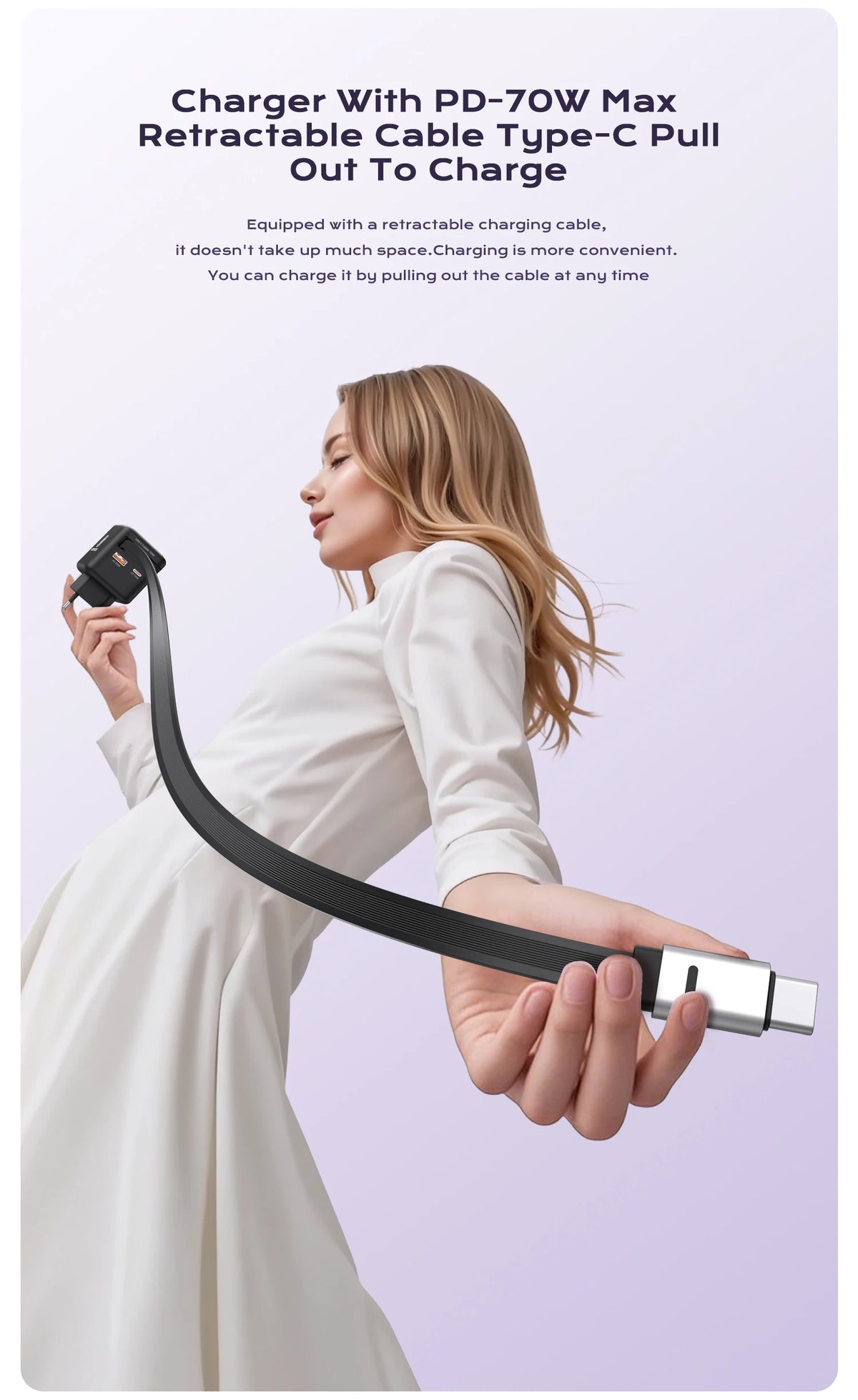 A woman is holding a black retractable Type-C charging cable with a charger, demonstrating its convenience.