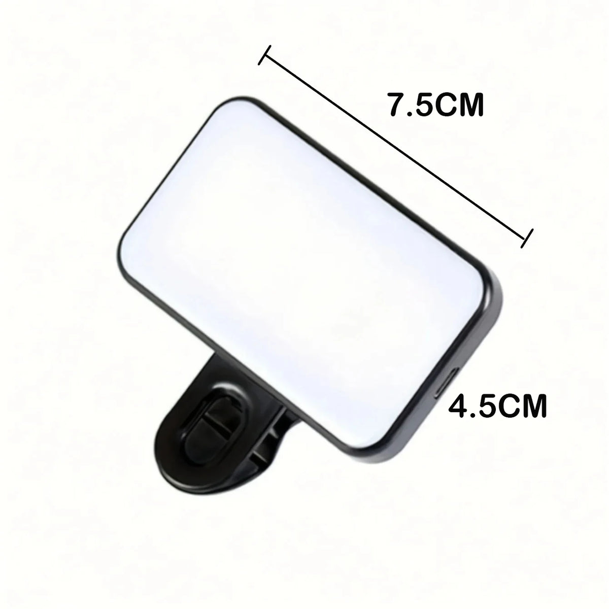 A portable rechargeable mini selfie light with dimensions 7.5cm by 4.5cm.