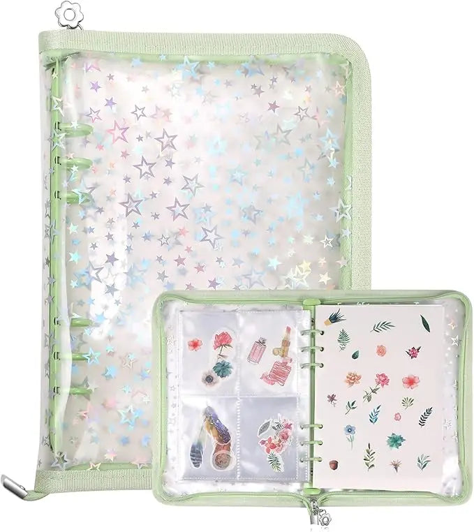 A clear plastic organizer binder for stickers with multiple storage pockets and a green border.
