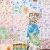A collection of vintage floral square scrapbook paper sheets featuring various pink, blue, and green botanical patterns.