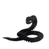 A black articulated 3D printed snake figurine with yellow eyes coiled on a white background.