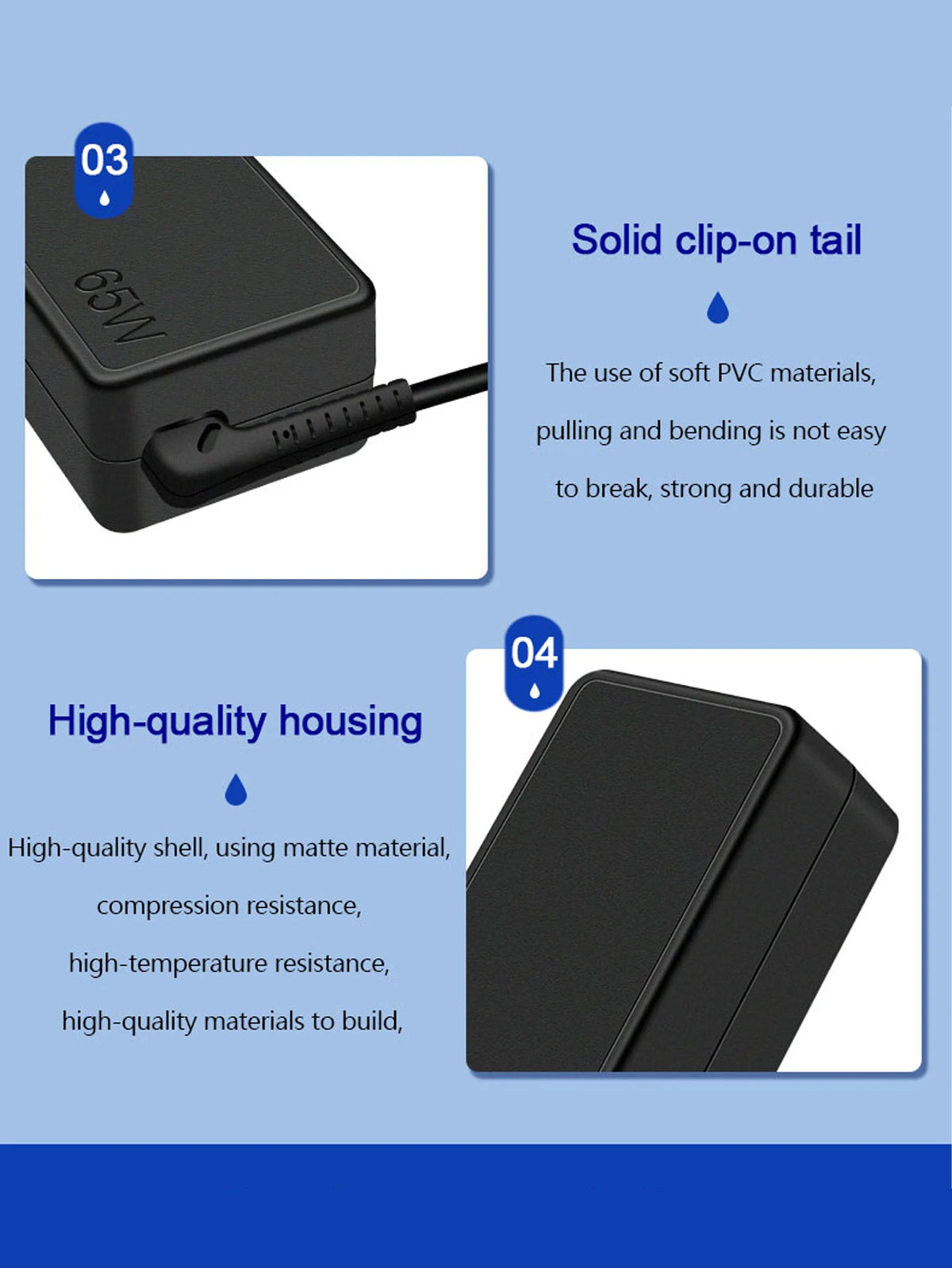 A black solid clip-on tail and high-quality housing of a 65W USB-C laptop charger adapter.