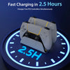 A gray dual PS5 controller charging station is shown on a blue circular background with text indicating 2.5 hours fast chargi