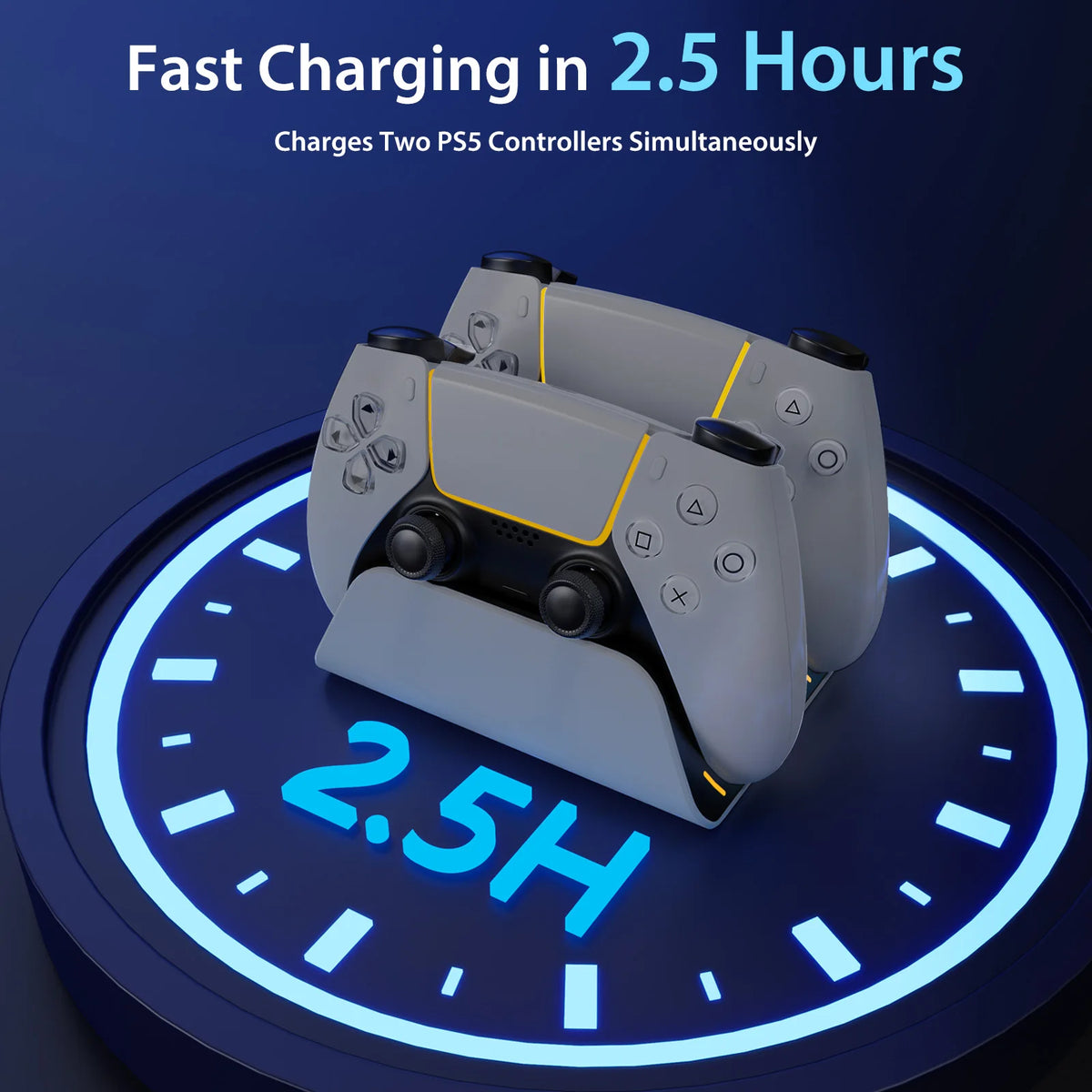A gray dual PS5 controller charging station is shown on a blue circular background with text indicating 2.5 hours fast chargi