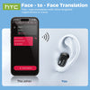 An HTC Face-to-Face Translation system showing a smartphone and an earbud for two-way voice translation.