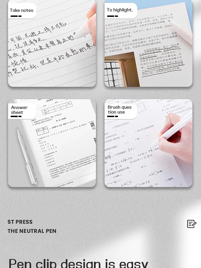 A set of five smooth writing gel pens with black ink shown in various usage contexts.
