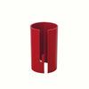 A red portable plastic wrapping paper cutter with a curved blade visible inside the housing.