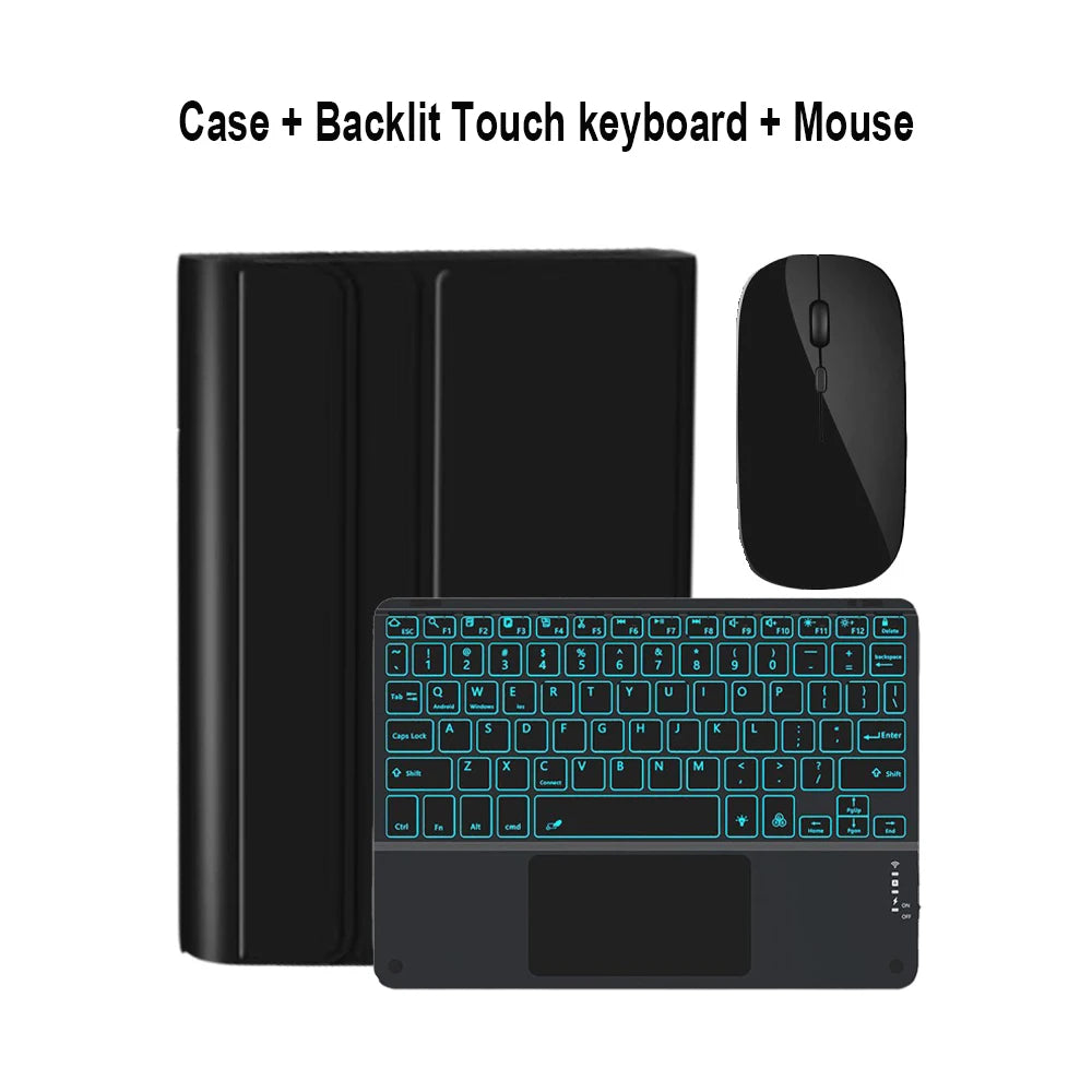 A black magnetic keyboard case for an iPad Pro 11-inch, along with a matching touch keyboard and mouse.