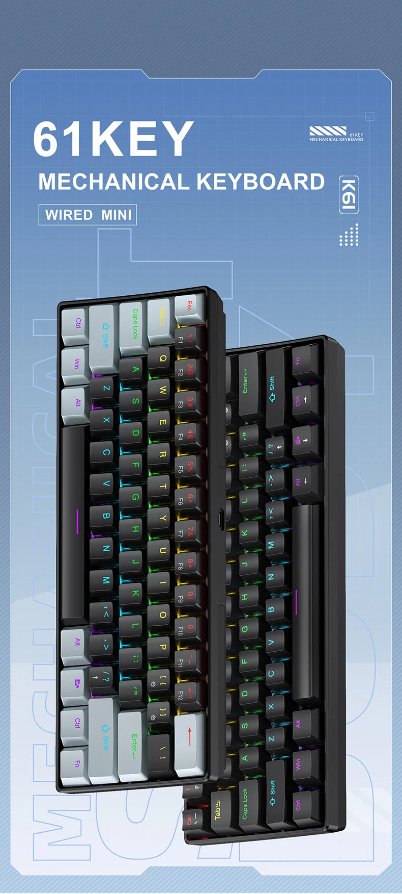 Clavier mécanique mini noir à 61 touches avec rétroéclairage RGB sur fond bleu technique