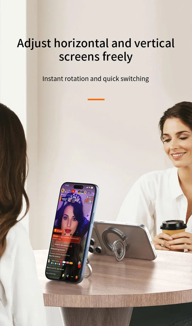 A close-up of a smartphone mounted on a magnetic stand, demonstrating its use for rotation and switching.