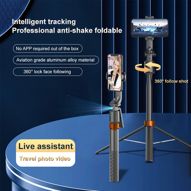 A professional anti-shake foldable smartphone tripod with intelligent tracking features shown against a blue background.
