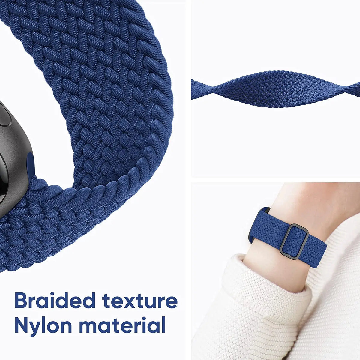 Close-up view of a braided texture navy blue nylon watch strap for smartwatches
