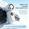 A white portable clip-on handheld cooling fan is shown next to a snowy rock, highlighting its super cool 5-speed high-speed w