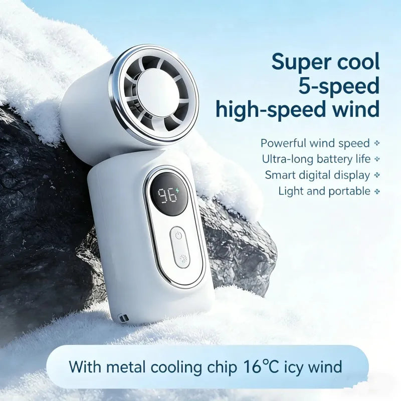 A white portable clip-on handheld cooling fan is shown next to a snowy rock, highlighting its super cool 5-speed high-speed w