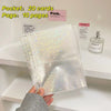 A clear, glittery A5 refillable photo sleeve is held against a white shelf with perfume bottles and paper.