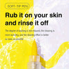 A yellow soft-tip pen is shown with text instructing to rub it on the skin and rinse it off.