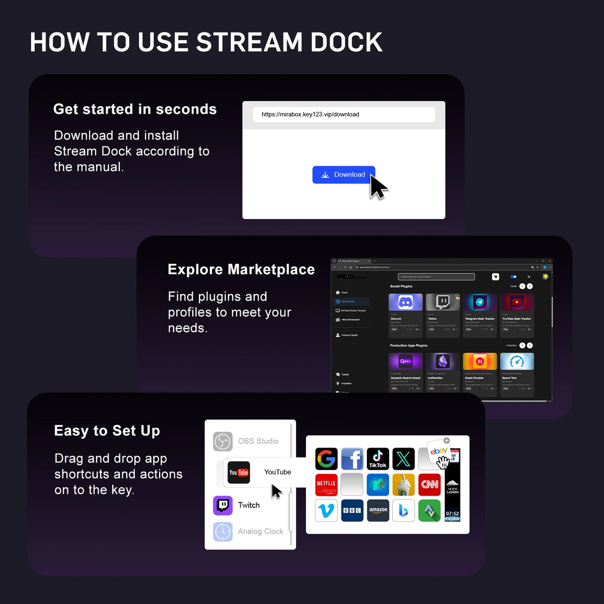 A guide showing how to use a Stream Deck, including steps for downloading and exploring the marketplace.