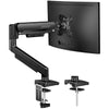 A black premium single monitor desk mount featuring a gas spring arm and adjustable clamp for mounting a monitor.