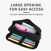 A black pencil pouch with a large opening, containing various colored pens and pencils.