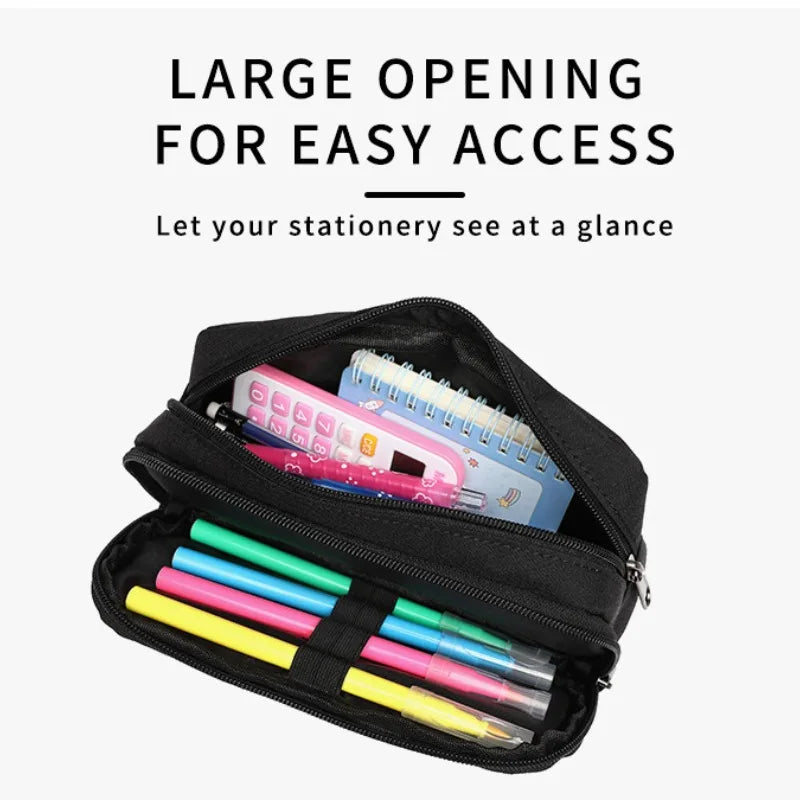 A black pencil pouch with a large opening, containing various colored pens and pencils.