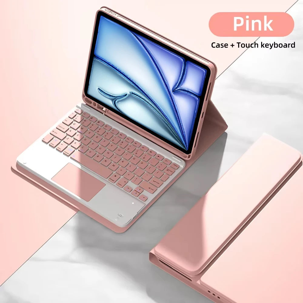 Estuche de teclado desmontable rosa para iPad, mostrando la tableta y el teclado combinados.