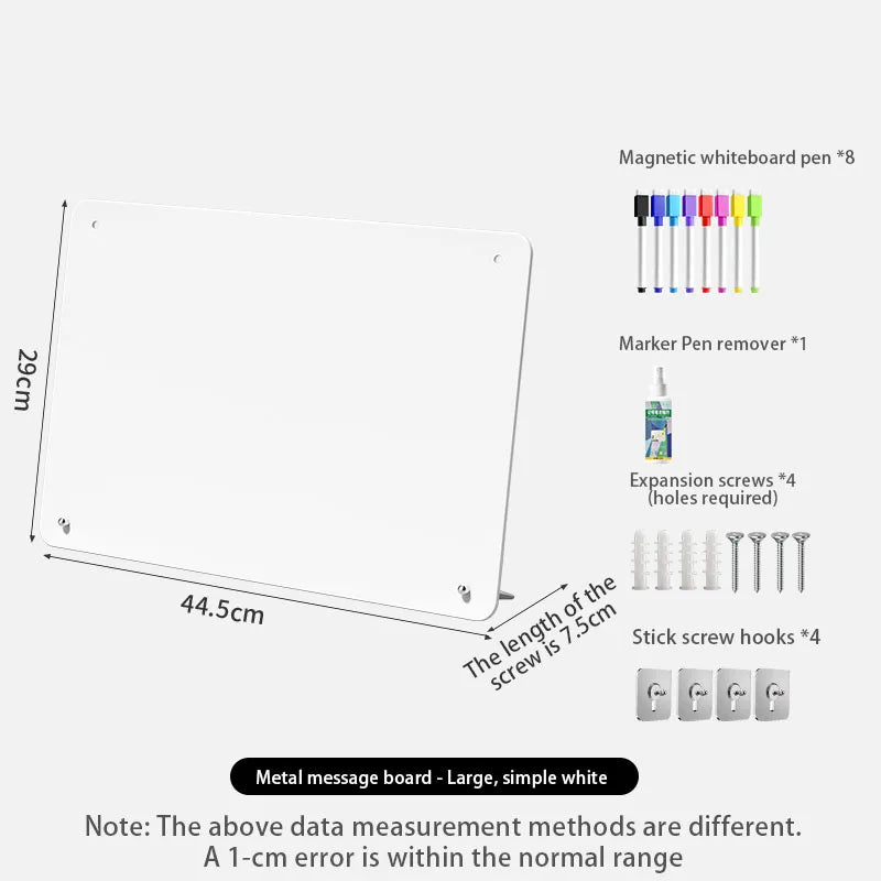 A large white magnetic whiteboard with eight marker pens and expansion screws included.