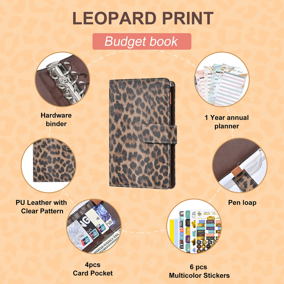 Leopard print budget book featuring a PU leather binder with a clear pattern and various accessories like card pockets and st