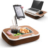 A 360° rotatable phone and tablet stand holding a smartphone and a laptop computer.